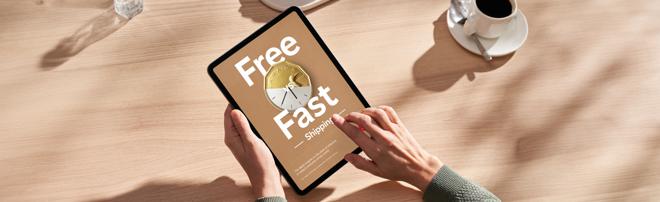 A man holds a tablet computer. The screen displays the cover of the “Beyond free and fast” research report from Canada Post.