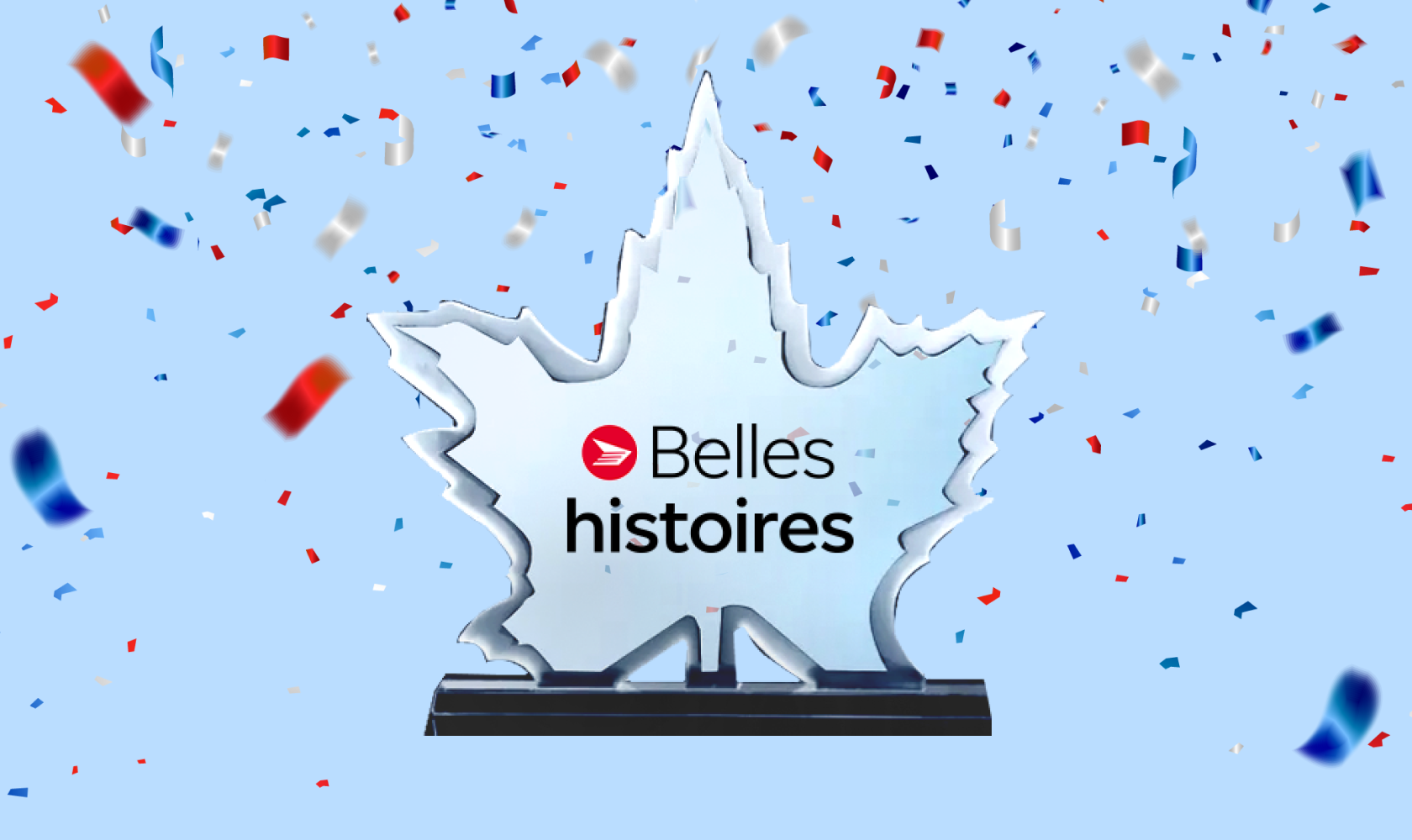 Un trophée en forme de feuille d’érable sur lequel est inscrit « Les belles histoires ».