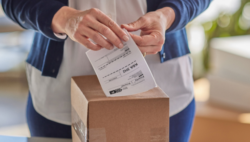 Une femme appose une étiquette de retour de Postes Canada sur le dessus d’un colis.